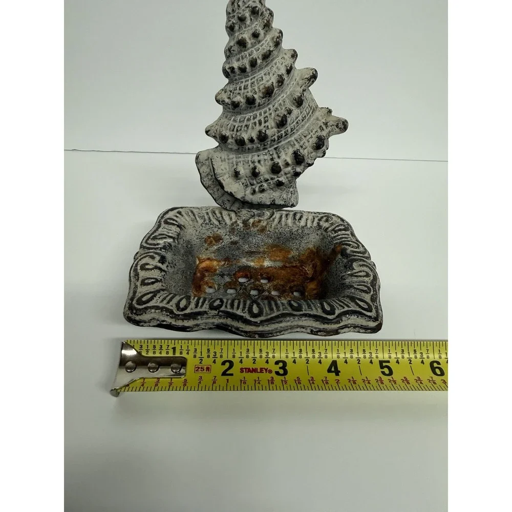 Vtg Rustic conchshell Cast Iron Free Standing‎ Soap Dish Rustic Bath Decor .